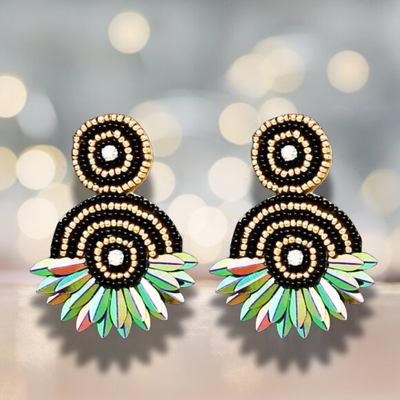 NEW Sequin Fringe Seed Beaded Disc Drop Earrings - Picture 2 of 3